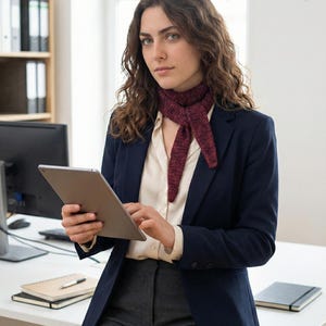 May include: A woman wearing a navy blue blazer, a cream-colored blouse, and gray trousers, holding a tablet. A burgundy scarf is around her neck. The setting appears to be an office environment with a desk and a computer.