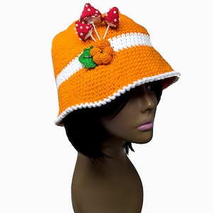 Crochet Bucket Hat with Fly Agaric Brooch