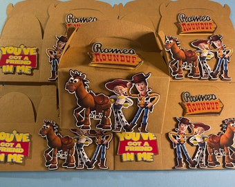 Woody Round Up, caja de obsequios de Woody, caja de Woody Gable, caja de dulces de Woody, obsequios de fiesta de Woody, decoraciones de fiesta de Woody, fiesta de cumpleaños de Woody