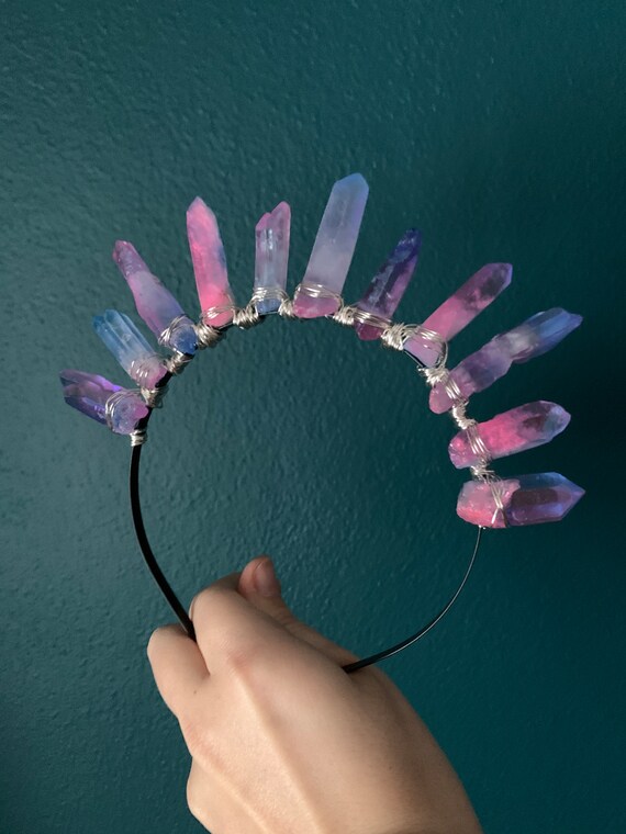 Blue and Pink Aura Quartz Crystal Crown - Etsy