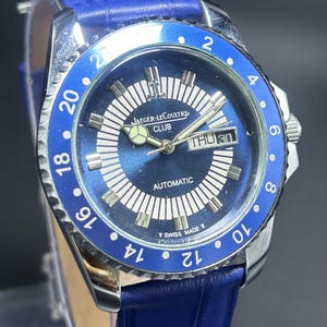 Vintage Jaeger-LeCoultre Club Rotating Bezel 17 Jewels Swiss Made Blue Dial Day-Date Automatic Movement Transparent Back Men&#39;s Wrist Watch