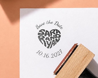 Custom Save the Date Stamp with Names in Heart - Personalized Wedding Stamp for Invitations, Custom Heart Name Stamp, Custom Rubber Stamp XO
