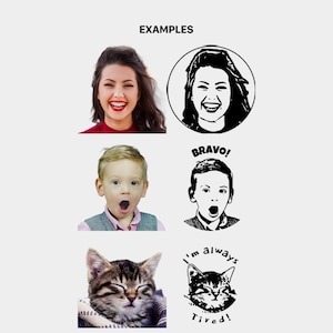 Puede incluir: Ejemplos de ilustraciones personalizadas para camisetas, tazas y otros productos. Las ilustraciones incluyen una mujer riendo, un ni&ntilde;o con la boca abierta y un gato durmiendo. El texto en las ilustraciones incluye "&iexcl;Bravo!" y "&iexcl;Siempre estoy cansado!"