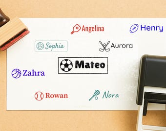 Personalized Sports Name Stamp – Custom Kids Stamper with Sport Icon XO