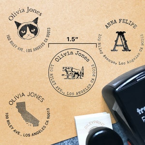 Custom Clip Art Return Address Stamps // 1.5&quot; Self-Inking or Wood Stamp / Circular Address Stamps, Monogram Address Stamp, New Home Gift