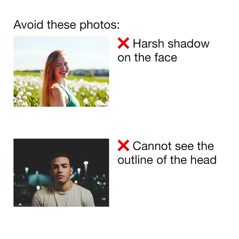 Puede incluir: Dos ejemplos de fotos que debes evitar al tomar fotos para un perfil. La primera imagen muestra a una mujer con sombras duras en la cara. La segunda imagen muestra a un hombre en un entorno oscuro donde el contorno de su cabeza no es visible.