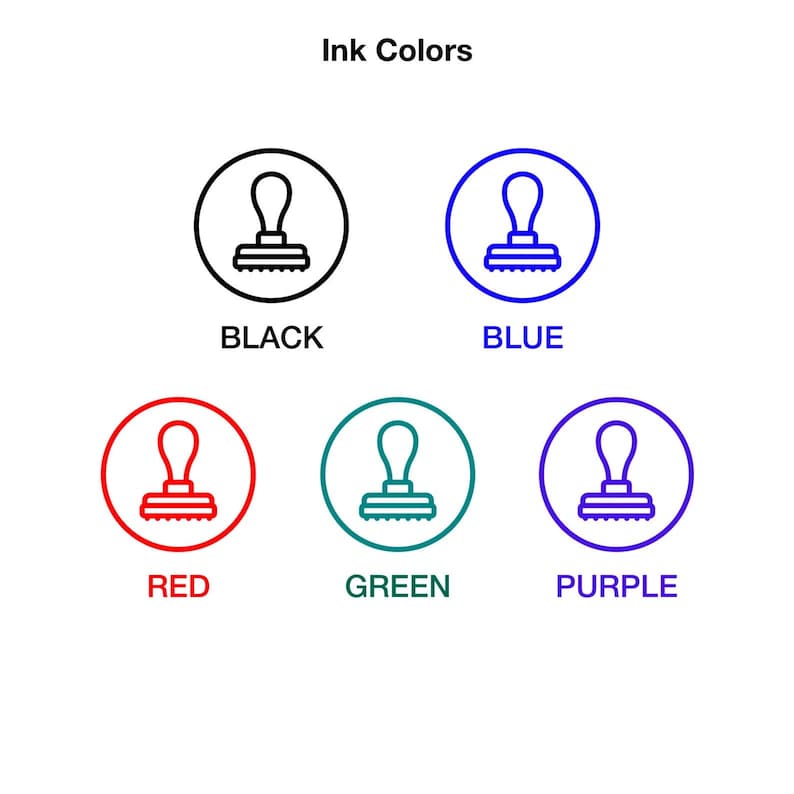 Puede incluir: Se muestran cinco colores de tinta con un icono de sello. Los colores son negro, azul, rojo, verde y morado.