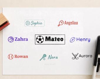 Personalized Sports Name Stamp – Custom Kids Stamper with Sport Icon, Custom Name Stamp XO