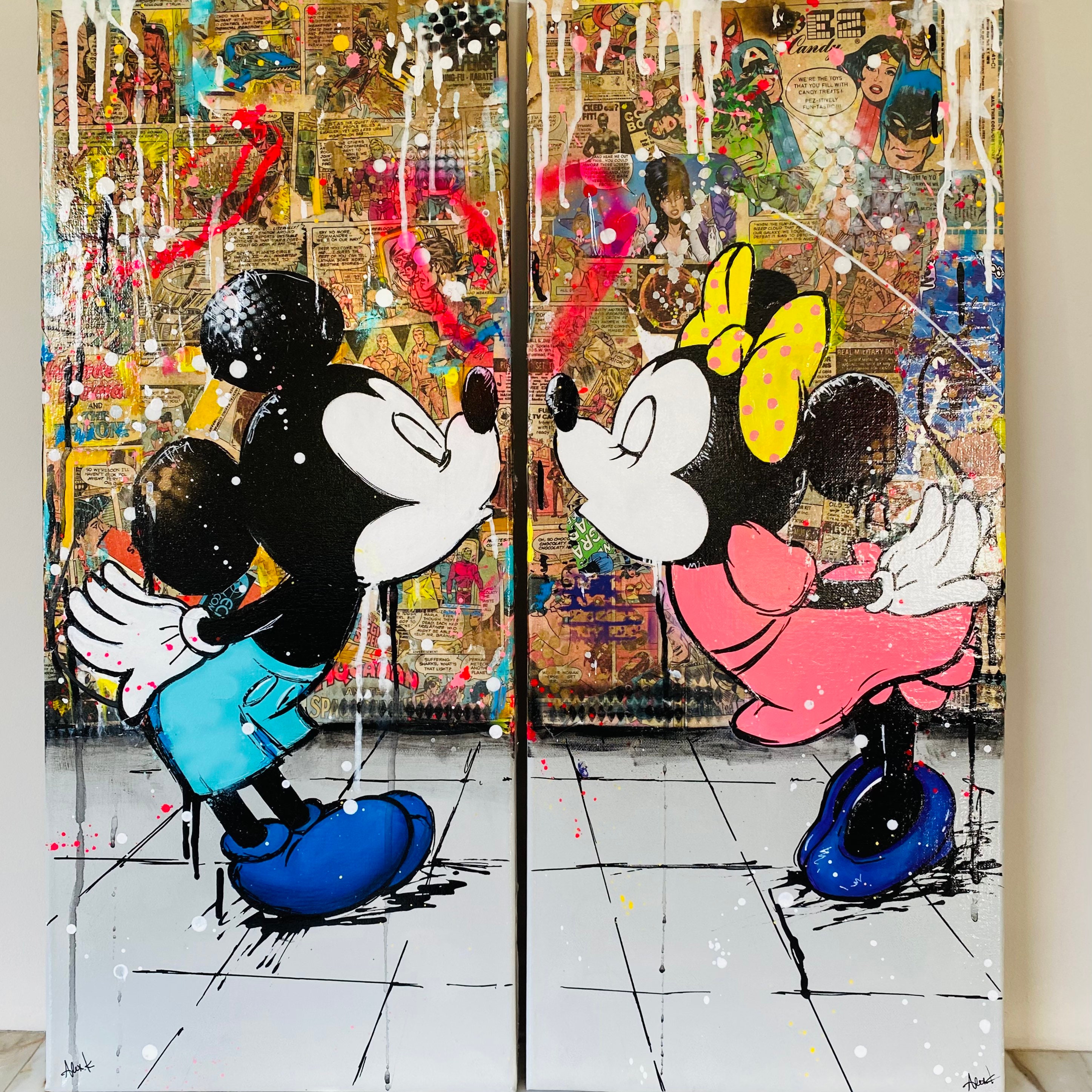 Mickey and Minnie Mouse in Love Pop Art on Canvas Diptych Original