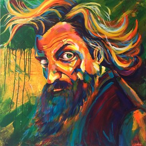 May include: A colorful painting of a man with a long beard and wild hair. The painting is done in a vibrant style with bright colors and bold strokes.