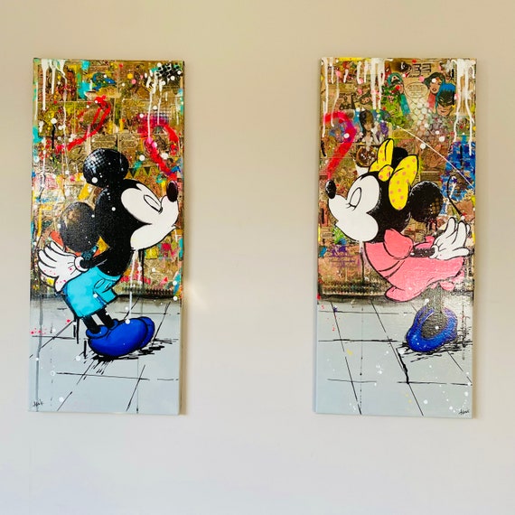 Mickey and Minnie Mouse in Love Pop Art on Canvas Diptych Original