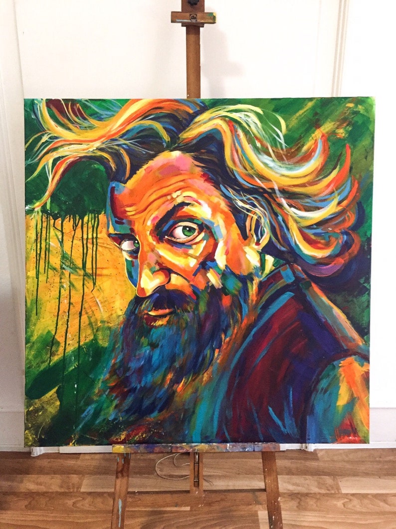 May include: A colorful painting of a man with a long beard and wild hair. The painting is done in a vibrant style with bright colors and bold strokes. The man's face is expressive and his eyes are piercing.