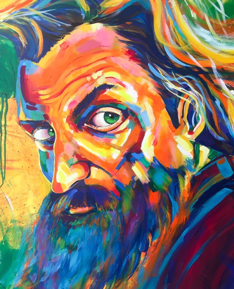 May include: A colorful painting of a man with a long beard and green eyes. The painting is done in a vibrant style with bold strokes of color.