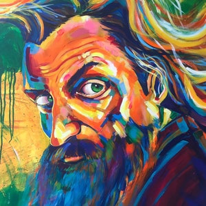 May include: A colorful painting of a man with a long beard and flowing hair. The painting is done in a vibrant style with bold strokes of color. The man's eyes are green and he is looking directly at the viewer.