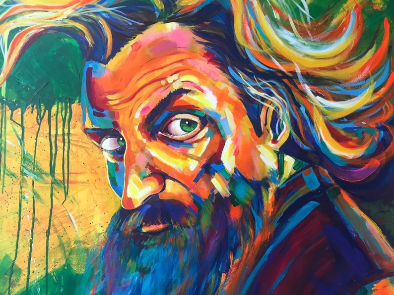 May include: A colorful painting of a man with a long beard and flowing hair. The painting is done in a vibrant style with bold strokes of color. The man's eyes are green and he is looking directly at the viewer.