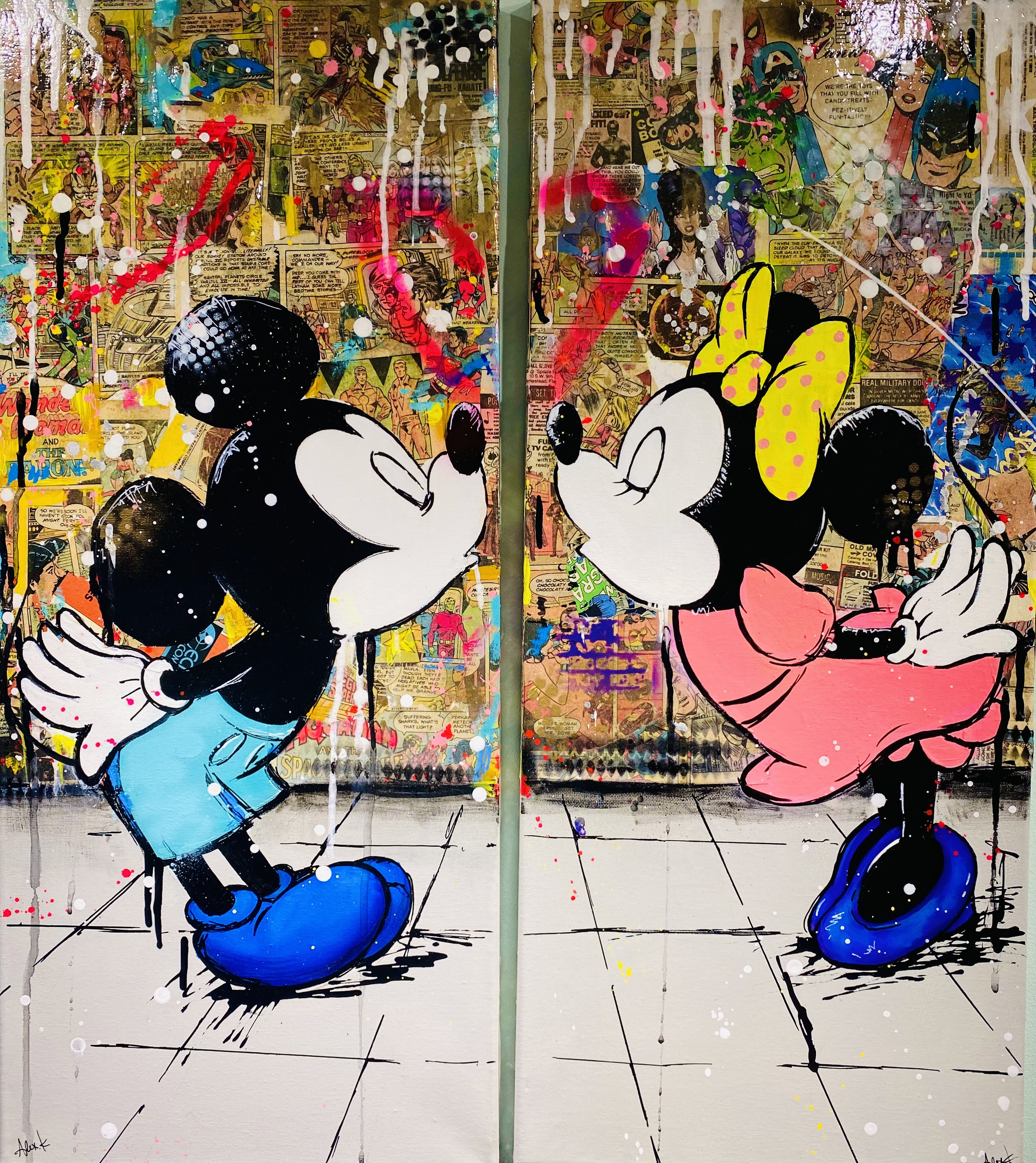 Mickey and Minnie Mouse in Love Pop Art on Canvas Diptych Original