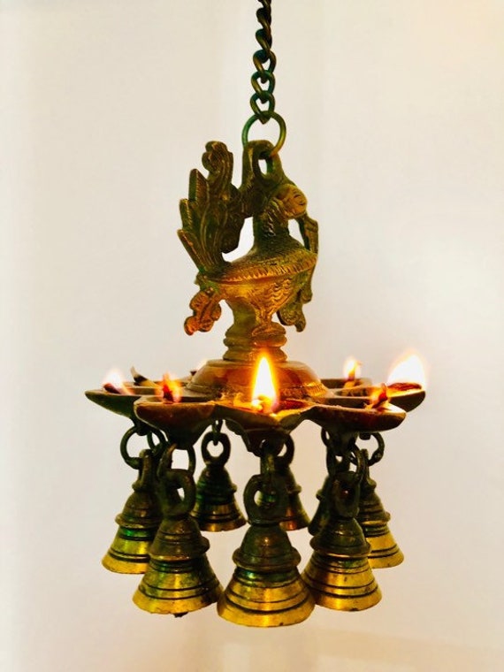 Antique Handcrafted Brass Peacock Bell Hanging Indian - Indian Brass Hanging Oil Lamps Antique Handcrafted Brass Peacock Bell Hanging Indian - Indian Brass Hanging Oil Lamps
