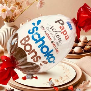 Könnte beinhalten: Ein großer, eiförmiger, durchsichtiger Kunststoffbeutel gefüllt mit Schokoladenbonbons, der an beiden Enden mit roten Schleifen gebunden ist. Die Verpackung trägt den Text 'Papa schön, dass es Dich gibt. Wir haben dich lieb.' und den Markennamen 'Schoko-Bons' in Blau und Rot.