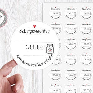 24 zuckersüßer Sticker Aufkleber 4cm zum selbstbeschriften selbstgemachtes Gelee kann Spuren von Glück enthalten von Lüttentüddel®