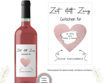 Flaschenetikett Wein Flaschen Etikett PERSONALISIERT Weinlabel Aufkleber zum Geburtstag Rubbellos Zeit statt Zeug Gutschein Lüttentüddel®