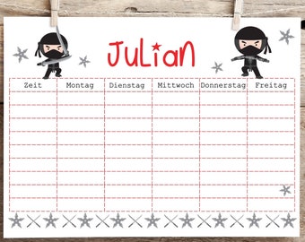 sugar-sweet timetable, Ninja, personalized with your desired name, print A4