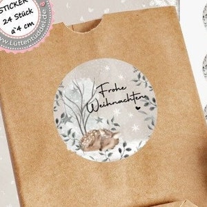 24 Stück zuckersüße Aufkleber Sticker Vintage Frohe Weihnachten Reh /4cm rund mit-oder ohne 24 Beutelchen aus Kraftpapier