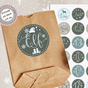 24 Stück zuckersüße Adventskalenderaufkleber Sticker winterliche Farben Weihnachten  /4cm rund mit-oder ohne 24 Beutelchen aus Kraftpapier