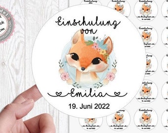 zuckersüßer Sticker Aufkleber "Einschulung" 24 Stück 4cm Regenbogen Fuchs personalisiert von Lüttentüddel®