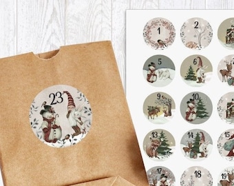 24 Stück zuckersüße Adventskalenderaufkleber Sticker Vintage Weihnachten  /4cm rund mit-oder ohne 24 Beutelchen aus Kraftpapier