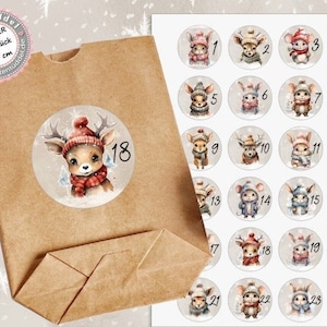 24 Stück zuckersüße Adventskalenderaufkleber Sticker Wald Tiere Weihnachten  /4cm rund mit-oder ohne 24 Beutelchen aus Kraftpapier