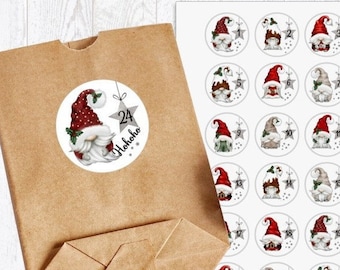 24 Stück zuckersüße Adventskalenderaufkleber Sticker Wichtel Gnome /4cm rund mit-oder ohne 24 Beutelchen aus Kraftpapier