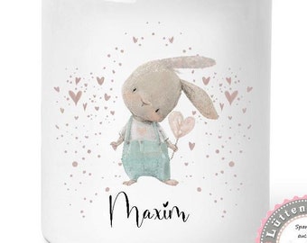 zuckersüße Spardose Becher Tasse Tasche Freundebuch Rucksack Hase mit Herz Name KITA Kindergarten Einschulung Geburtstag von Lüttentüddel®