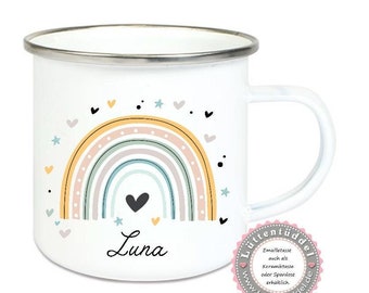 Emaillebecher Keramikbecher Tasse Regenbogen Bunt Wunschname KITA Geschenk Einschulung Kita Schule Belohnung  Geburtstag, von Lüttentüddel