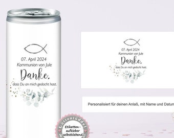 Prosecco Banderole PERSONALISIERT Kommunion Taufe Firmung Konfirmation Danke Eukalyptus Fisch Getränke-Dosen-Banderole Lüttentüddel®