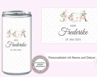 Prosecco Banderole PERSONALISIERT Aufkleber Sticker Rosen Punkte für JGA, Hochzeit, Getränke-Dosen-Banderole Eucalyptus Kranz Lüttentüddel®