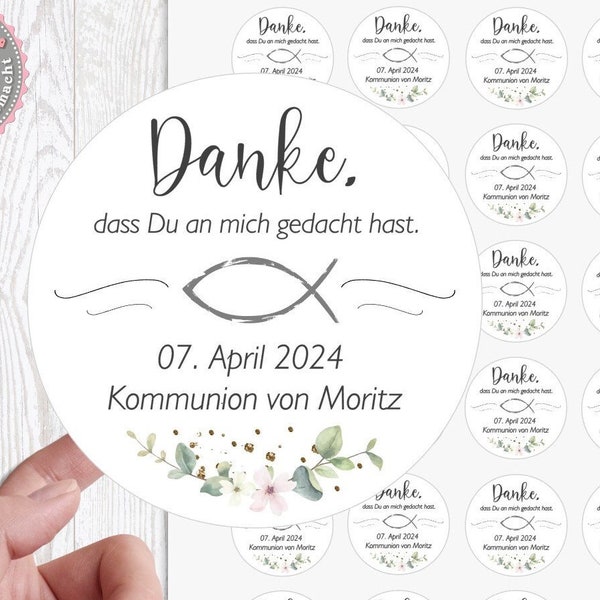 24 personalisiert Sticker Aufkleber Danke Kommunion Taufe Firmung Konfirmation Danke Blume Eukalyptus Fisch personalisiert von Lüttentüddel®