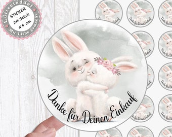 24 Stück zuckersüßer Danke für Deinen Einkauf,  Sticker Aufkleber 4cm rund Hasen Umarmung von Lüttentüddel