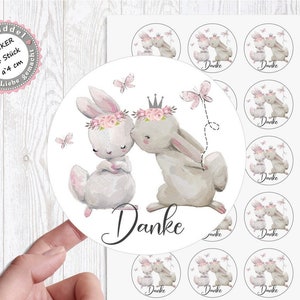 24 Stück zuckersüße Hasen Sticker Aufkleber Danke 4cm rund von Lüttentüddel®