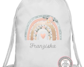 Regenbogen Blumen Stoffbeutel Kindergartentasche Turnbeutel Rucksack, mit Name KITA Kindergarten Einschulung Wechselwäsche von Lüttentüddel®