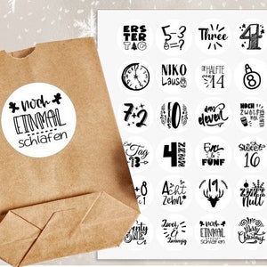 24 Stück zuckersüße Zahlen Adventskalenderaufkleber Sticker Black & White Weihnachten  /4cm rund mit-oder ohne 24 Beutelchen aus Kraftpapier