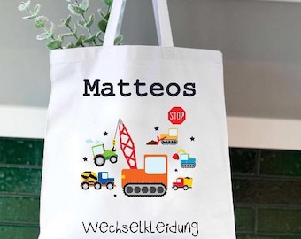 Baustellenfahrzeuge Tasche Wechselwäsche Wechselkleidung Name für Kindergarten  Wunschname KITA Kindergarten Einschulung Lüttentüddel®