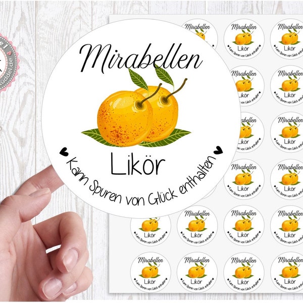 24 zuckersüßer Sticker Aufkleber 4cm Mirabellen Likör Marmelade Saft Gelee kann Spuren von Glck enthalten von Lüttentüddel®