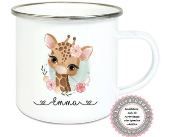 Tasse Emailletasse Giraffe tolle Farben, Wunschname, Einschulung KITA Dankeschön, Geschenk, Becher Lüttentüddel