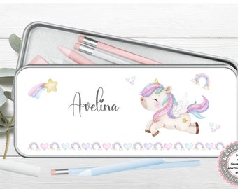 zuckersüße Stiftebox Geschenkdose Metall Einhorn mit Name personalisiert zur Einschulung oder nur so für Spickzettel und kleine Briefchen