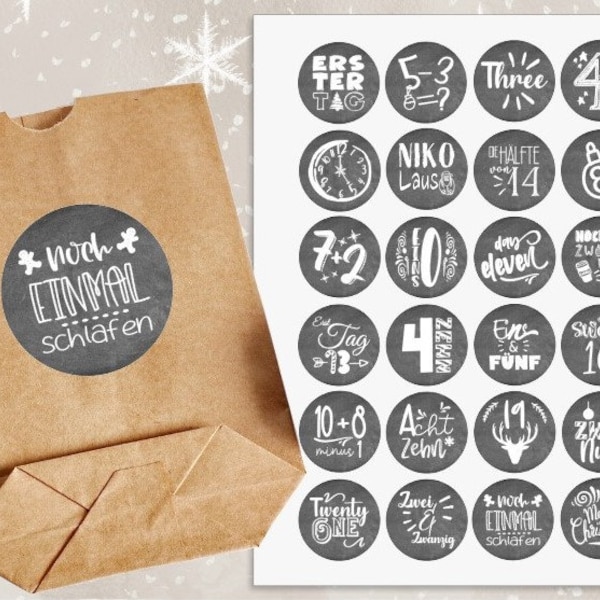 24 Stück zuckersüße Zahlen Adventskalenderaufkleber Sticker Schiefer/GRAU Weihnachten  /4cm rund mit-oder ohne 24 Beutelchen aus Kraftpapier