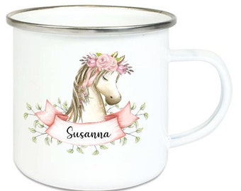 zauberhafte Tasse Emailletasse romantisches Pferd Blumen Boho Name, Wunschname, KITA Kindergarten, Einschulung Geschenk, Becher Lüttentüddel