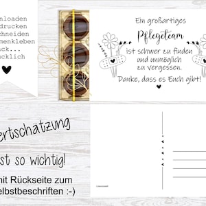 May include: A postcard with German text and a small box of chocolates. The postcard has a message of appreciation for a nursing team, with illustrations of flowers and bandages. The back of the card is blank for writing.
