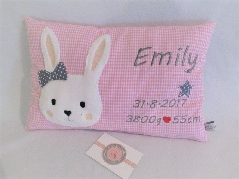 35 x 23 cm pillow birth rabbit name Lüttentüddel image 1