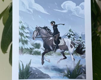 Podróż Marzi – Uroczy zimowy wydruk pocztówki z ilustracją 15 cm | Dla miłośników koni, rysunek podróżny, prezent na ścianę