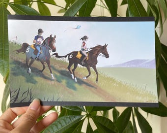 Oto jestem - śliczna kolorowa pocztówka z ilustracją w kształcie prostokąta 7 cali | Dla miłośników koni, rysunek podróżny, prezent ścienny